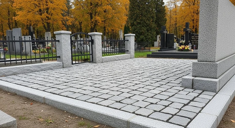 Благоустройство захоронений в Новом Уренгое — мощение гранитной плиткой, цоколь и ограда на ухоженном участке