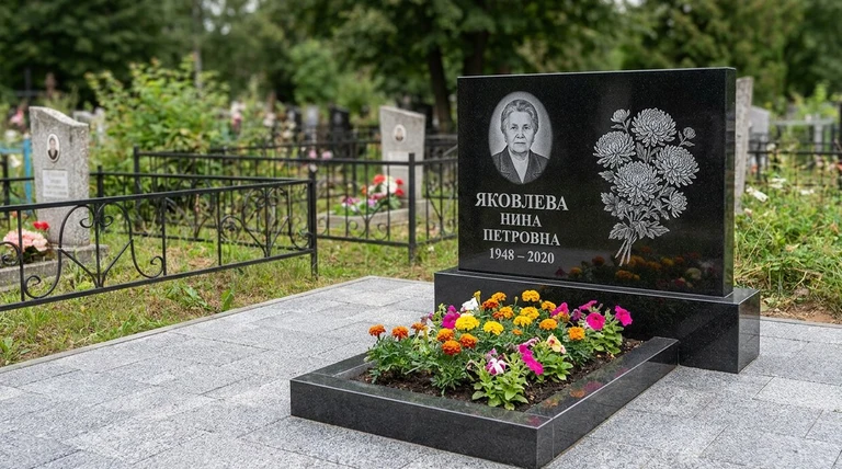 Гравировка хризантем на памятник в Новом Уренгое — пример работы на граните