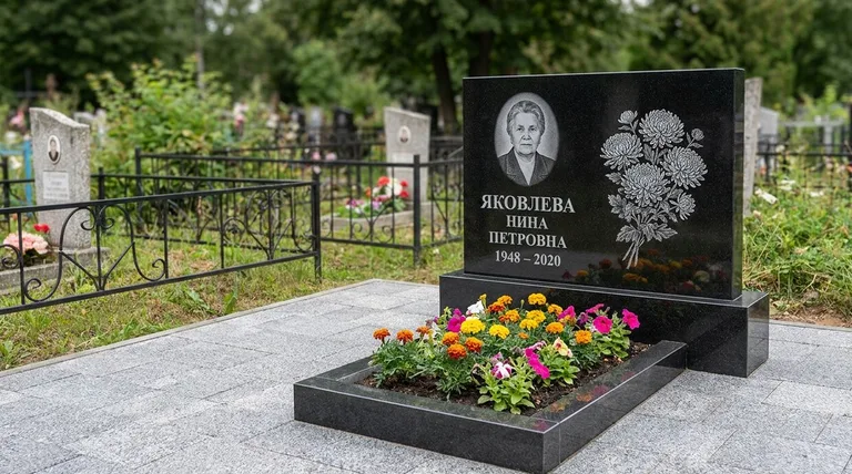 Памятник с гравировкой хризантем — выполненная работа «Соколов» в Новом Уренгое