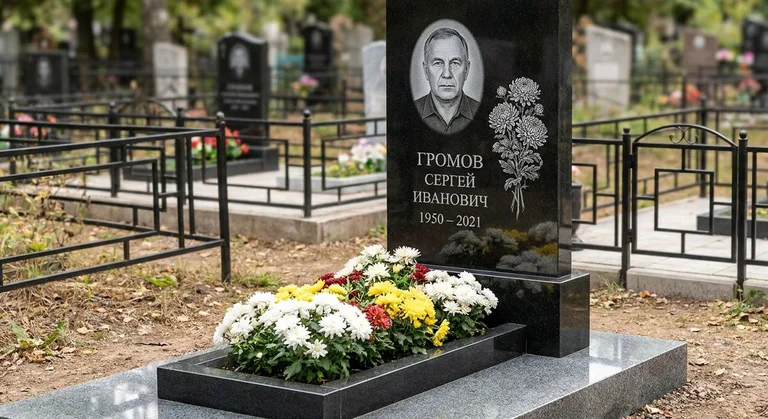 Памятник с гравировкой хризантем — выполненная работа «Громов» в Новом Уренгое