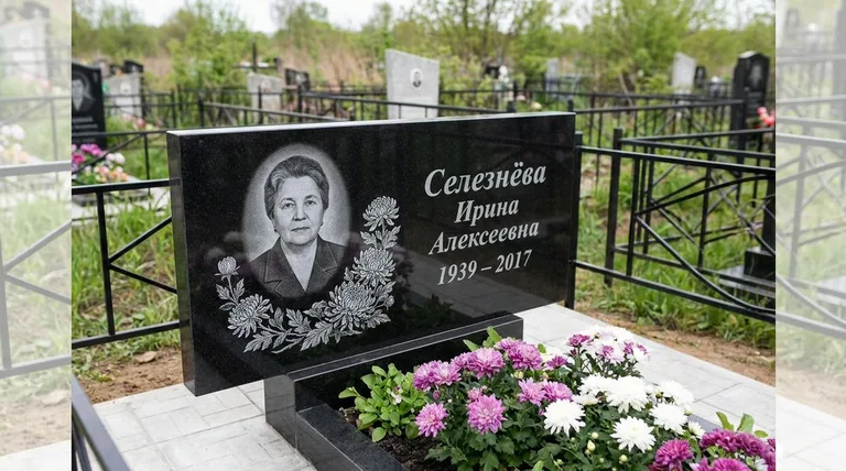 Памятник с гравировкой хризантем — выполненная работа «Селезнёва» в Новом Уренгое