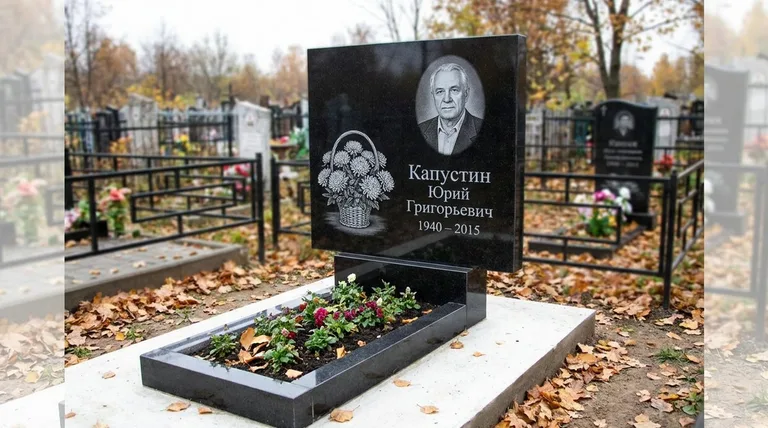 Памятник с гравировкой хризантем — выполненная работа «Капустин» в Новом Уренгое