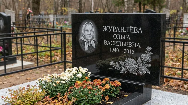 Памятник с гравировкой хризантем — выполненная работа «Журавлёва» в Новом Уренгое