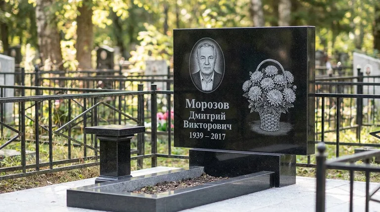 Памятник с гравировкой хризантем — выполненная работа «Морозов» в Новом Уренгое