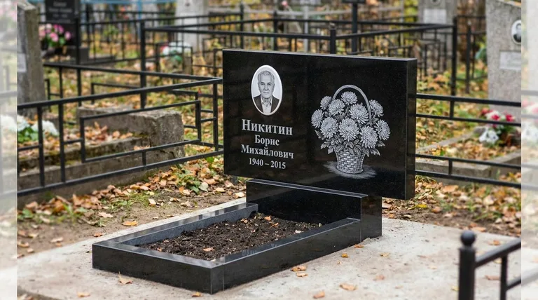 Памятник с гравировкой хризантем — выполненная работа «Никитин» в Новом Уренгое