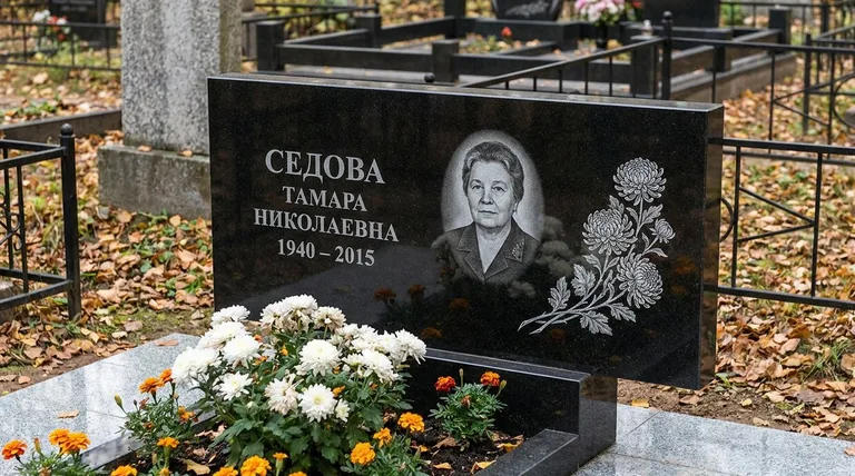 Памятник с гравировкой хризантем — выполненная работа «Седова» в Новом Уренгое