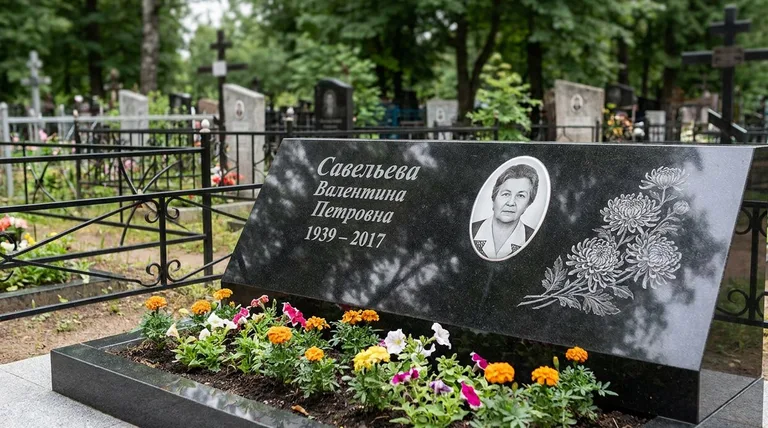 Памятник с гравировкой хризантем — выполненная работа «Савельева» в Новом Уренгое