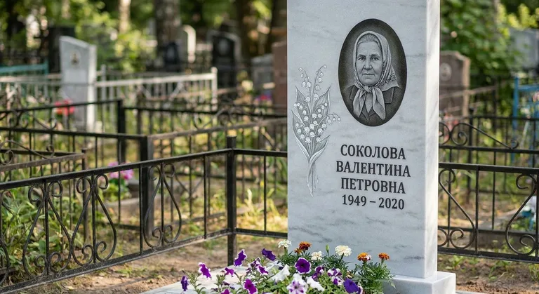 Памятник с гравировкой ландышей — выполненная работа «Соколова» в Новом Уренгое