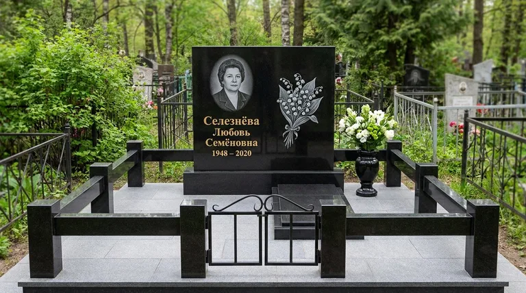 Памятник с гравировкой ландышей — выполненная работа «Селезнёва» в Новом Уренгое