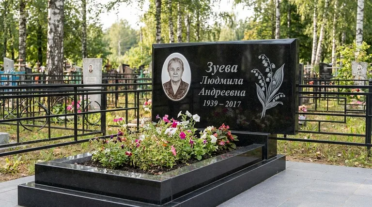 Памятник с гравировкой ландышей — выполненная работа «Зуева» в Новом Уренгое
