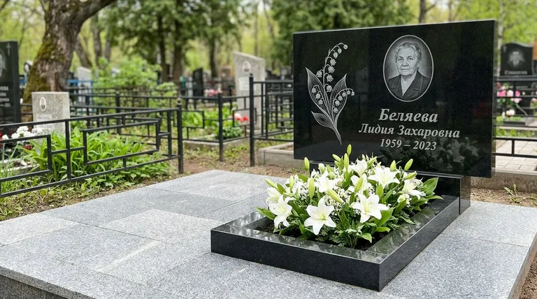 Памятник с гравировкой ландышей — выполненная работа «Беляева» в Новом Уренгое