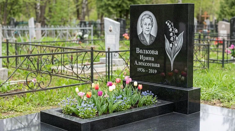 Памятник с гравировкой ландышей — выполненная работа «Волкова» в Новом Уренгое