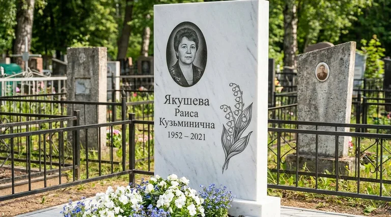 Памятник с гравировкой ландышей — выполненная работа «Якушева» в Новом Уренгое