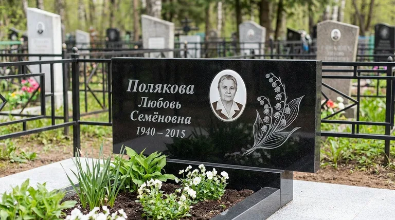 Памятник с гравировкой ландышей — выполненная работа «Полякова» в Новом Уренгое