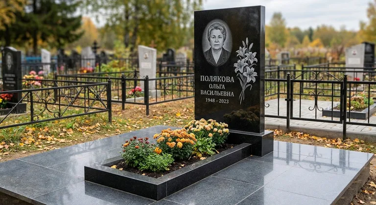 Памятник с гравировкой лилий — выполненная работа «Полякова» в Новом Уренгое