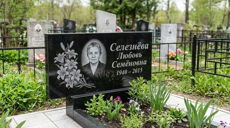 Памятник с гравировкой лилий — выполненная работа «Селезнёва» в Новом Уренгое