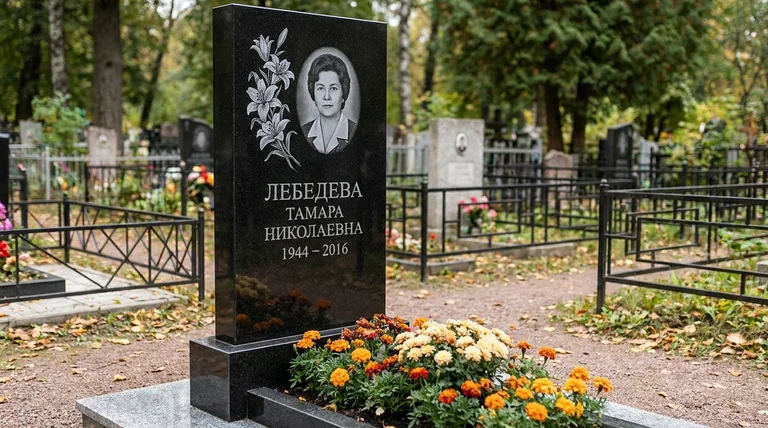 Памятник с гравировкой лилий — выполненная работа «Лебедева» в Новом Уренгое