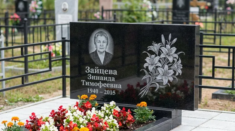 Памятник с гравировкой лилий — выполненная работа «Зайцева» в Новом Уренгое