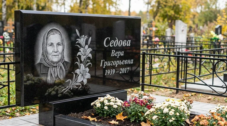 Памятник с гравировкой лилий — выполненная работа «Седова» в Новом Уренгое