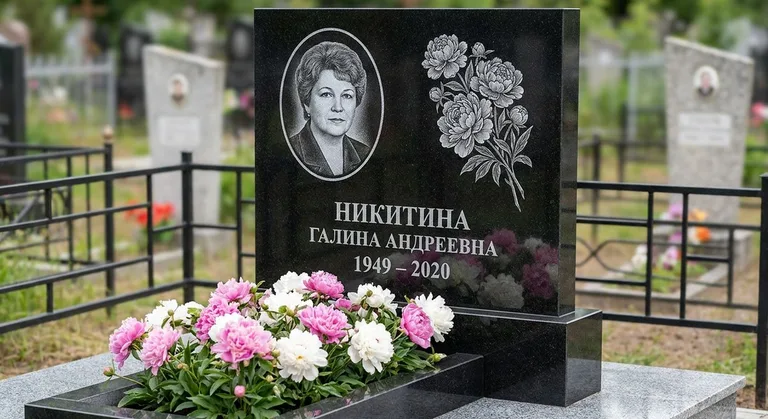 Памятник с гравировкой пионов — выполненная работа «Никитина» в Новом Уренгое
