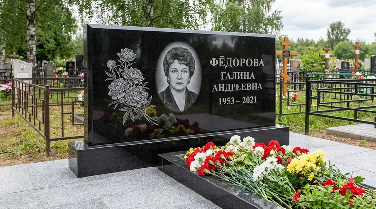 Памятник с гравировкой пионов — выполненная работа «Фёдорова» в Новом Уренгое