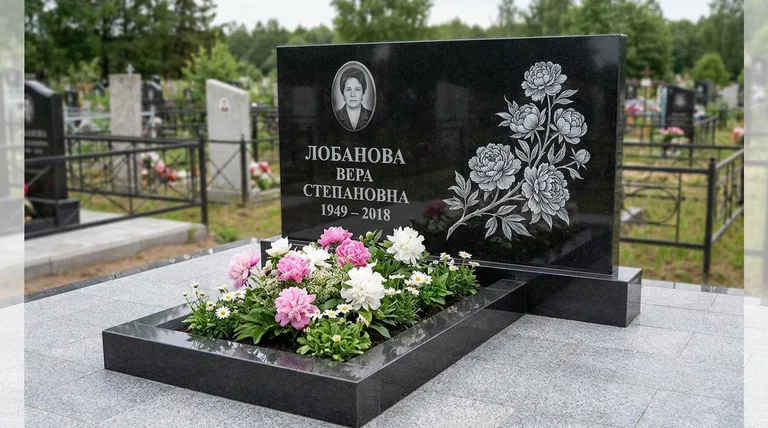 Памятник с гравировкой пионов — выполненная работа «Лобанова» в Новом Уренгое