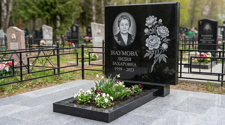 Памятник с гравировкой пионов — выполненная работа «Наумова» в Новом Уренгое