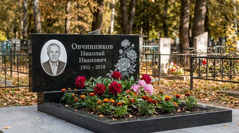 Памятник с гравировкой пионов — выполненная работа «Овчинников» в Новом Уренгое