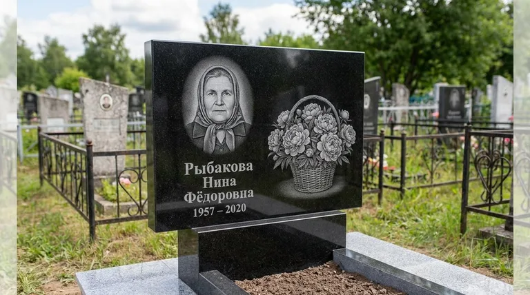 Памятник с гравировкой пионов — выполненная работа «Рыбакова» в Новом Уренгое