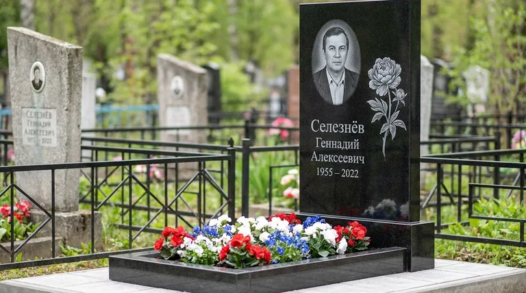 Памятник с гравировкой пионов — выполненная работа «Селезнёв» в Новом Уренгое