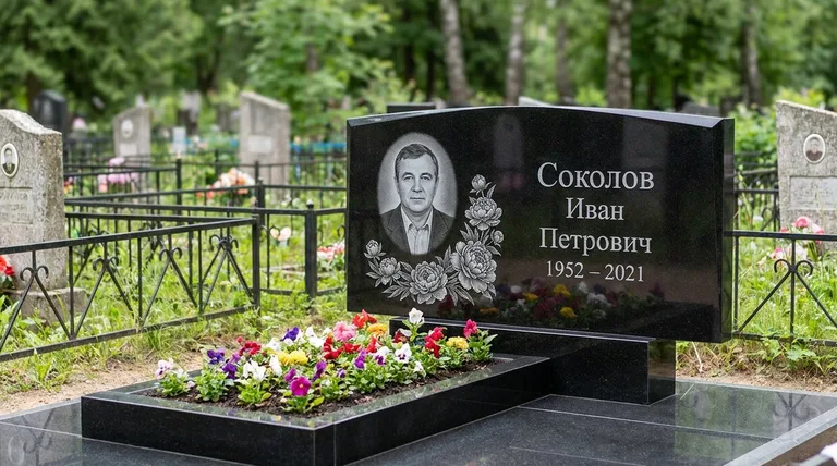 Памятник с гравировкой пионов — выполненная работа «Соколов» в Новом Уренгое