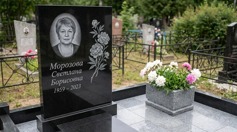 Памятник с гравировкой пионов — выполненная работа «Морозова» в Новом Уренгое