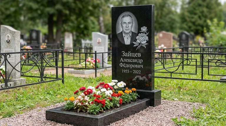 Памятник с гравировкой пионов — выполненная работа «Зайцев» в Новом Уренгое