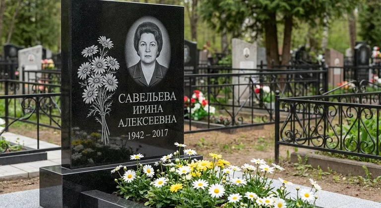 Памятник с гравировкой ромашек — выполненная работа «Савельева» в Новом Уренгое