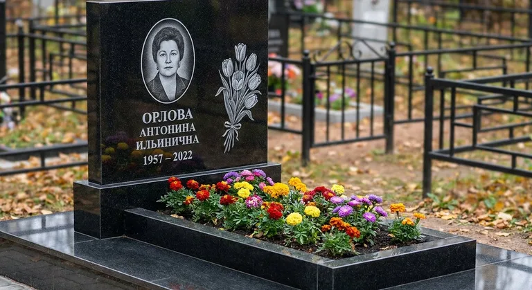 Памятник с гравировкой тюльпанов — выполненная работа «Орлова» в Новом Уренгое