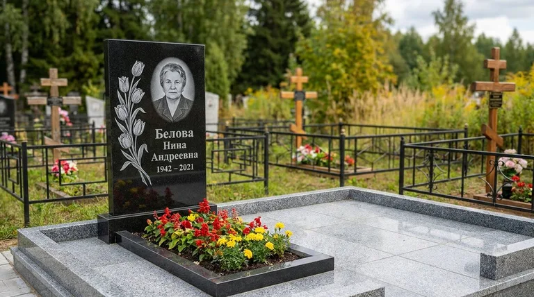 Памятник с гравировкой тюльпанов — выполненная работа «Белова» в Новом Уренгое