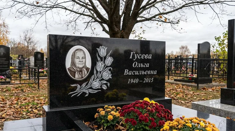 Памятник с гравировкой тюльпанов — выполненная работа «Гусева» в Новом Уренгое