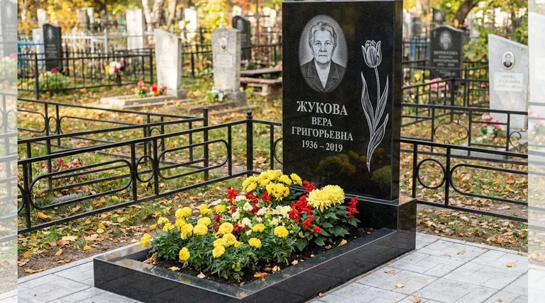 Памятник с гравировкой тюльпанов — выполненная работа «Жукова» в Новом Уренгое