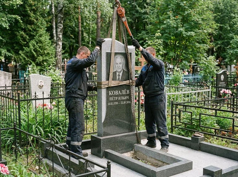Демонтаж памятника на кладбище в Новом Уренгое — бригада аккуратно снимает старый гранитный памятник с могилы