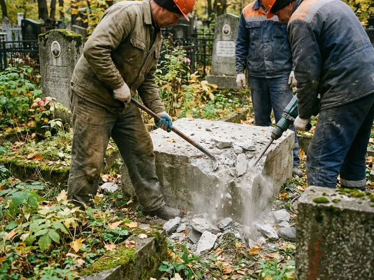 Демонтаж бетонного цоколя и тумбы памятника в Новом Уренгое