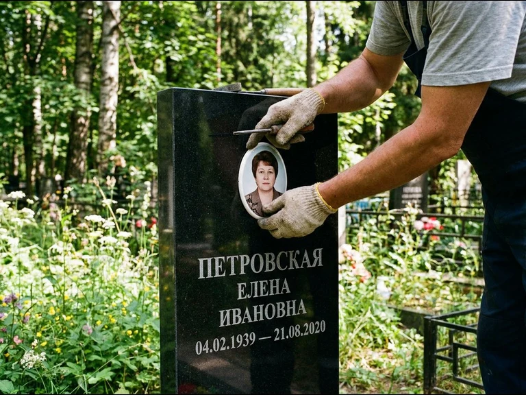 Фото на керамике на памятник в Новом Уренгое — мастер устанавливает овальный керамический портрет на гранитный памятник