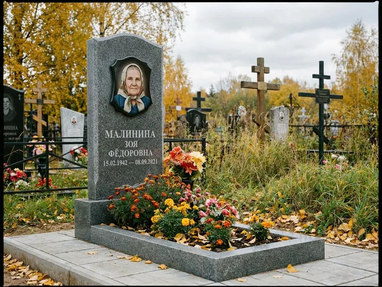 Чёрно-белый керамический портрет на памятнике в Новом Уренгое