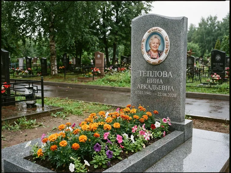 Керамический портрет на памятнике с цветами в Новом Уренгое