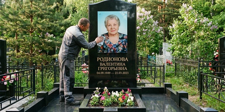 Фотокерамика и печать фото на памятник в Новом Уренгое — мастер устанавливает цветной портрет на стекле на гранитный памятник