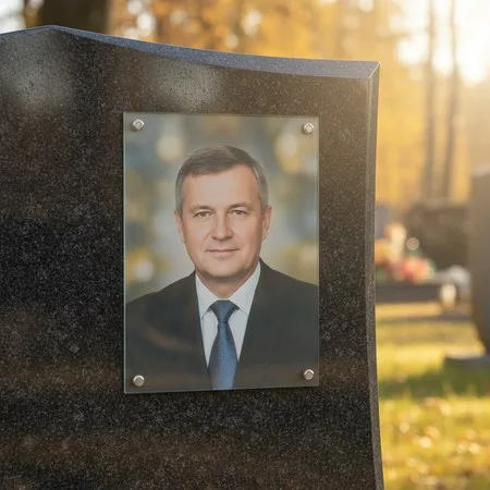 Портрет на стекле на держателях на чёрном граните в Новом Уренгое