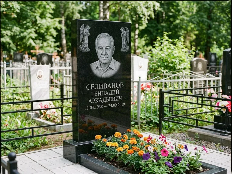 Памятник с гравировкой ангела — гравировка двух ангелов по сторонам портрета, работа «Селиванов» в Новом Уренгое