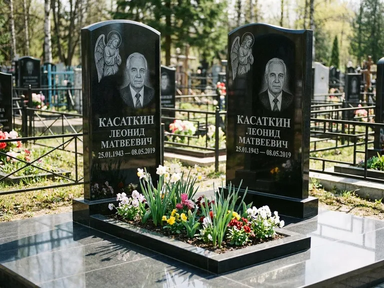 Памятник с гравировкой ангела — гравировка молящегося ангела в верхней части стелы, работа «Касаткин» в Новом Уренгое