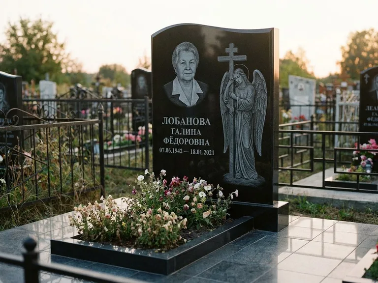 Памятник с гравировкой ангела — гравировка ангела с крестом рядом с эпитафией, работа «Лобанова» в Новом Уренгое