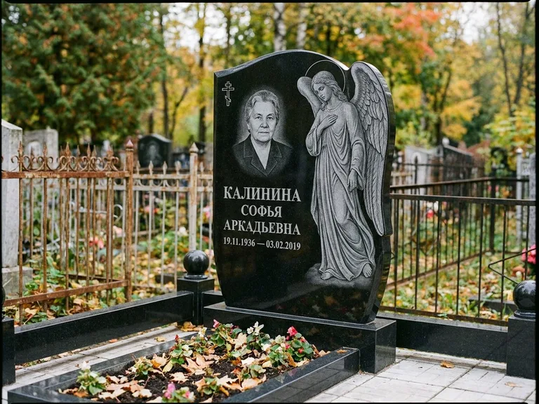Памятник с гравировкой ангела — гравировка ангела с крестом рядом с эпитафией, работа «Игнатова» в Новом Уренгое