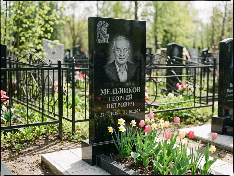 Памятник с гравировкой ангела — гравировка ангела с голубем по диагонали стелы, работа «Доронин» в Новом Уренгое